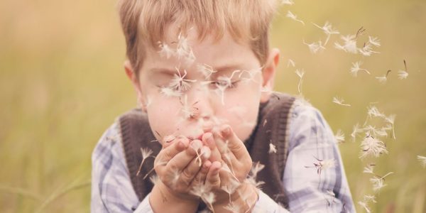 poika puhaltaa voikukkia